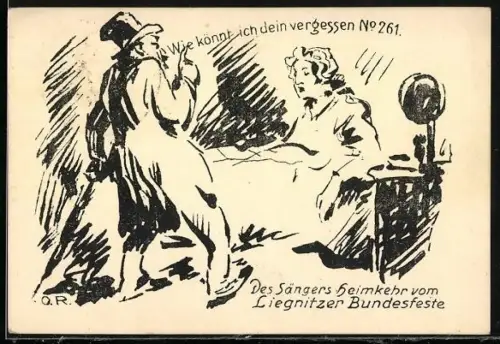 Künstler-AK Liegnitz, XIX. Bundessängerfest 1922, Des Sängers Heimkehr vom Liegnitzer Bundesfeste
