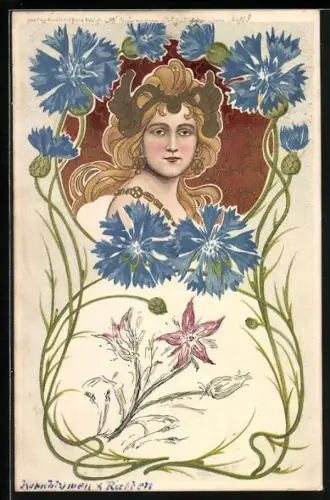 Künstler-AK Frauenportrait mit Kornblumen, Jugendstil