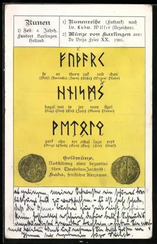 AK Runenreihe und Übersetzung mit Goldmünzen