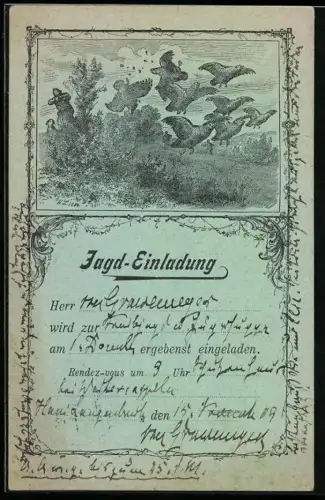 AK Jagdeinladung mit Szene aus der Vogeljagd