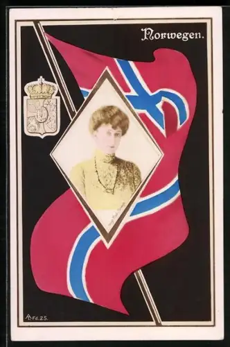 AK Königin Maud von Norwegen, Bildnis mit Wappen und Nationalflagge