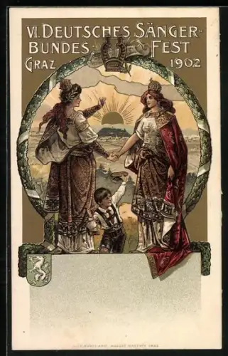 Lithographie Graz, 6. Dt. Sängerbundesfest 1902, Germania reicht ihrer Schwester die Hand, Wappen
