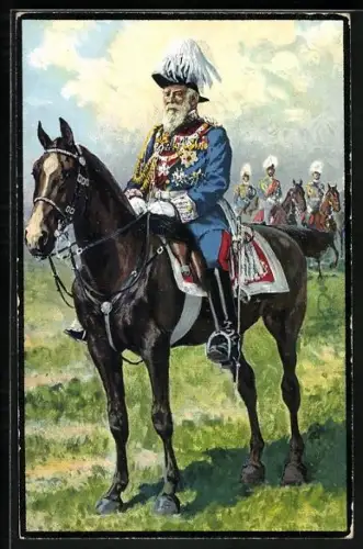 Künstler-AK Fritz Bergen unsign.: Prinzregent Luitpold von Bayern zu Pferde, Gest. 1912