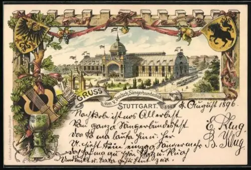 Lithographie Stuttgart, V. Deutsches Sängerbudnesfest 1896, Festhalle mit Strassenbahn, Wappen