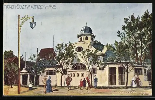 Künstler-AK Ulf Seidl: Wien, Internationale Jagd-Ausstellung 1910, Nieder-Österr. Winzerhaus