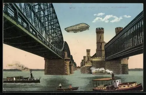 AK Dirschau / Tczew, Luftschiff über den Weichselbrücken