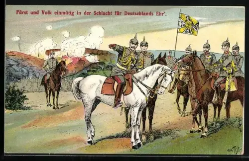 Künstler-AK Arthur Thiele: Fürst und Volk einmütig in der Schlacht..., Soldaten mit Pickelhaube zur Pferde