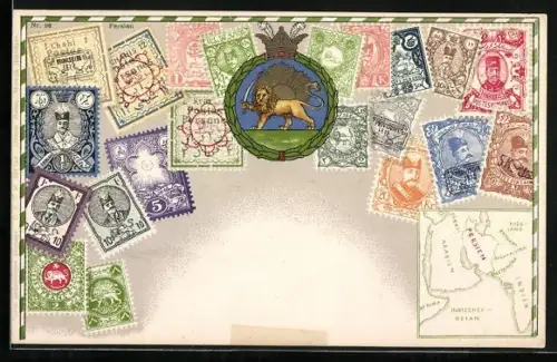 AK Iran, Briefmarken verschiedener Werte, Landkarte des mittleren Ostens, Löwe auf goldener Sonne