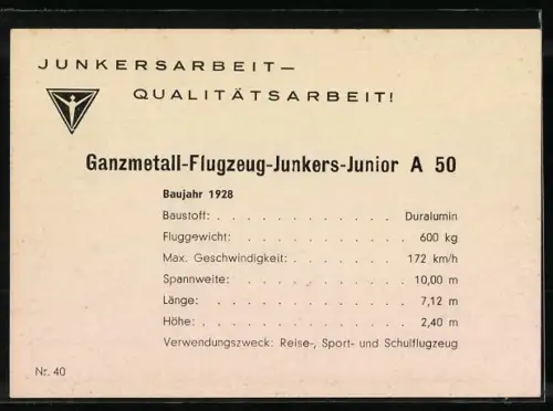 AK Flugzeug Junkers-Junior A 50 zum Start bereit