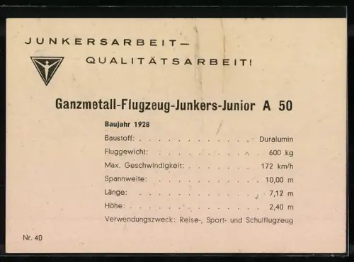 AK Flugzeug Junkers-Junior A 50 zum Start bereit