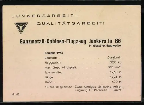 AK Flugzeug Junkers-Ju 86 im Flug