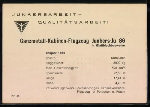 AK Flugzeug Junkers-Ju 86 im Flug