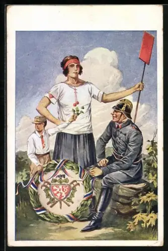 AK Tschechische Feuerwehr, Ehrenkranz, Frau hält Rotes Signal