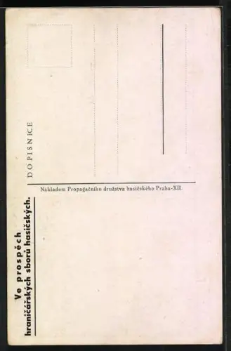 AK Tschechische Feuerwehr, Ehrenkranz, Frau hält Rotes Signal