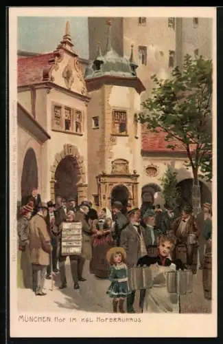 Künstler-Lithographie Paul Hey: München, Ansichtskartenverkäufer im Hof des Königlichen Hofbräuhaus