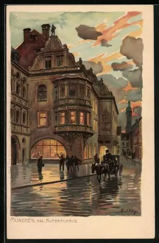 Künstler-Lithographie Paul Hey: München, Königliches Hofbräuhaus mit Kutsche