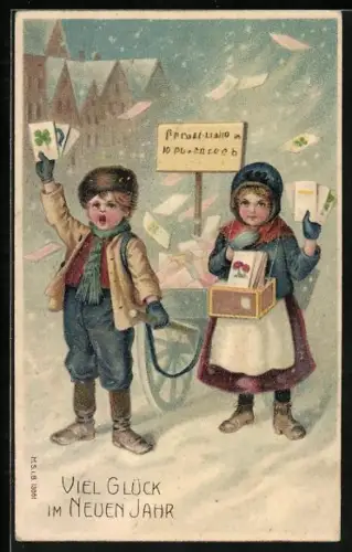 Lithographie Kinder verkaufen Ansichtskarten zu Neujahr