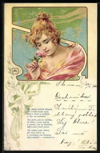 Lithographie Dame riecht an einer Blume
