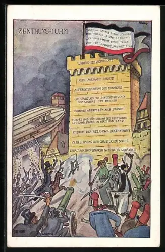 Künstler-AK Wahlkampfkarte der Zentrums-Partei, Kampf der Arbeiterbewegung, Zeppelin des Hansa-Bundes