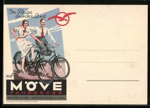 AK Mühlhausen i. Thür., Reklame für Möve Fahrräder d. Firma Walter & Co., Liebespaar fährt Fahrrad