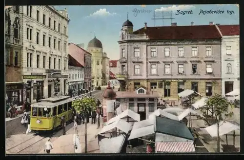 AK Zagreb, Pejacevicév trg., Strassenbahn, Marktstände