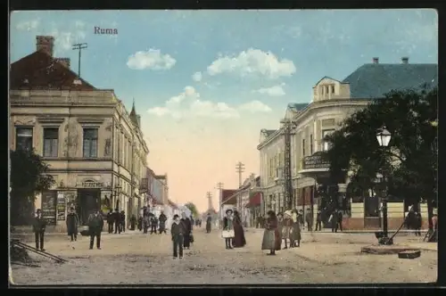 AK Ruma, Strassenpartie mit Geschäft von Josef Rosenzweig