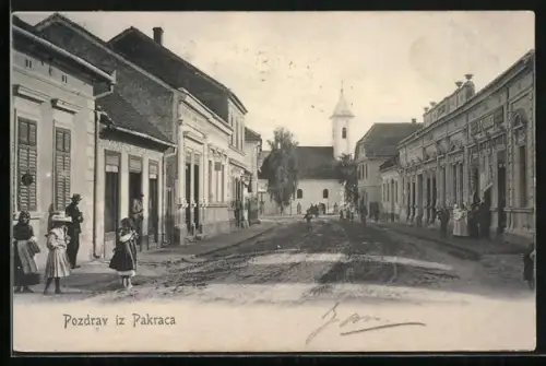 AK Pakrac, Strassenpartie mit Geschäften