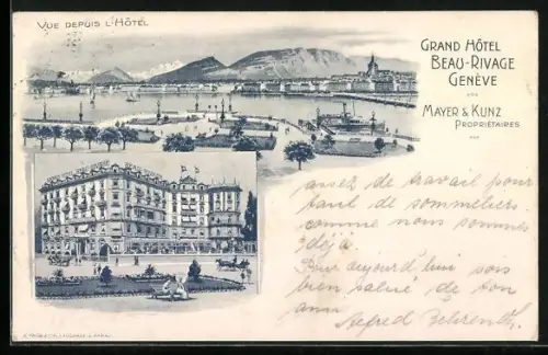 Lithographie Geneve, Grand Hotel Beau-Rivage, Panorama