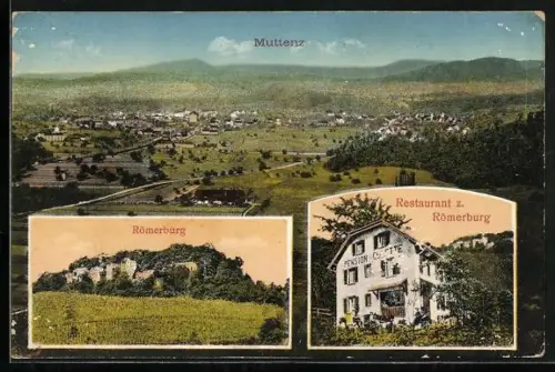 AK Muttenz, Restaurant zur Römerburg, Inh. E. Minder-Bell, Panorama und Römerburg