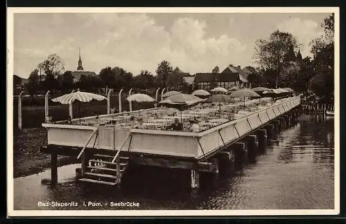 AK Bad Stepenitz i. Pom., Seebrücke mit Restaurant