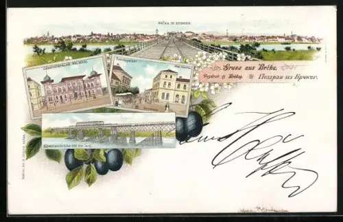 Lithographie Brcka, Hotel Posavina und Bezirksgericht, Gemeindepalais