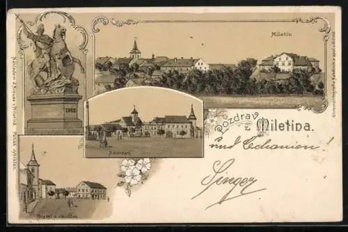 Lithographie Miletin, Namesti, Miletin Gesamtansicht, Kostal s Okolim