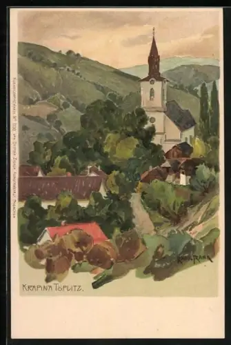 Künstler-AK Raoul Frank: Krapina Töplitz, Teilansicht mit Kirche