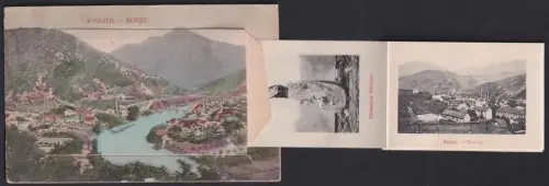 Leporello-AK Konjic, Gesamtansicht mit Flusspartie, div. Trachten und Ortspartien