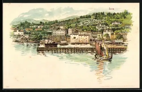 Lithographie Ika, Ortsansicht vom Boothafen gesehen