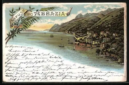 Lithographie Abbazia, Partie am Mittelmeer mit Blick auf Ortschaft