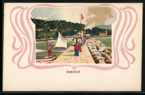 AK Abbazia, Anlegestelle mit Dampfer und Segelbooten