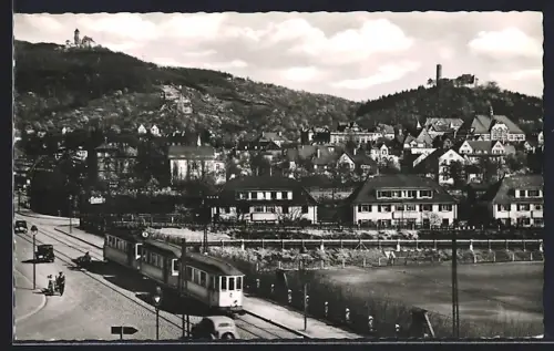 AK Weinheim a. d. B., Strassenbahn, Burgruine Windeck, Schloss, Strassenbahn