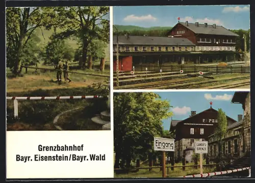 AK Bayerisch Eisenstein /Bayr. Wald, Grenzbahnhof, Landesgrenze, Bahnhofsgelände