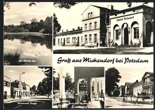 AK Michendorf bei Potsdam, Bahnhof, Hertha See, Potsdamer Strasse, Autobahn-Raststätte