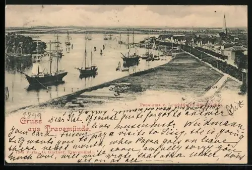 AK Travemünde, Panorama vom Leuchtturm und Hafen mit Segelschiffen