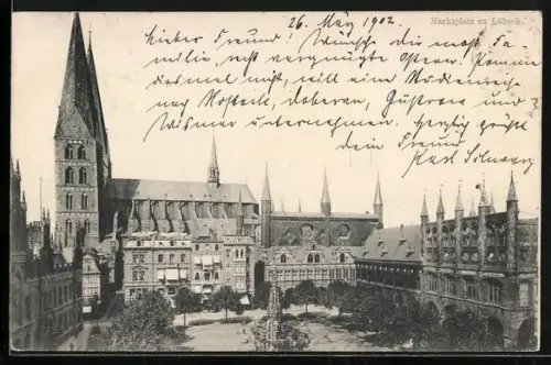 AK Lübeck, Marktplatz mit Rathaus und Marienkirche