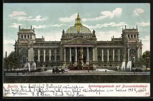 AK Berlin, Reichstagsgebäude mit Bismarckdenkmal