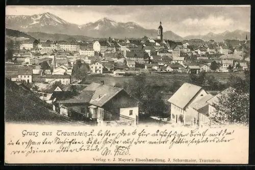 AK Traunstein, Stadtansicht mit Kirche und Alpenpanorama