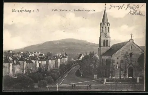 AK Weissenburg i. B., Kath. Kirche, Stadtmauerpartie