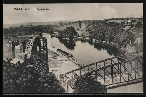 AK Halle a. S., Saalepartie, Brücke, Ruine