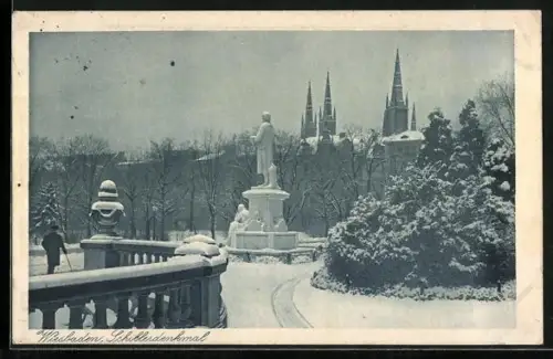AK Wiesbaden, Schillerdenkmal im Winter