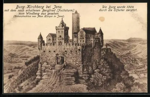 Künstler-AK Jena, Burg Kirchberg mit Bergfried Fuchsturm, Ansicht vom Windberg
