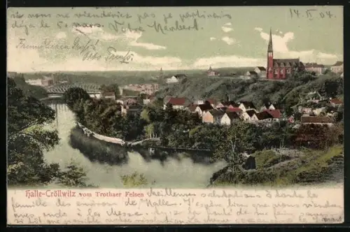 Lithographie Halle-Cröllwitz, Blick vom Trothaer Felsen mit Kirche