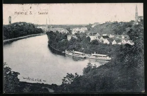 AK Halle a. S., Saaletal, Dampfschiffe, Brücke, Stadtansicht